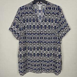 Catherines Womens Short Sleeve Button Up Top 1X Blue Geometric Boho Office Work
